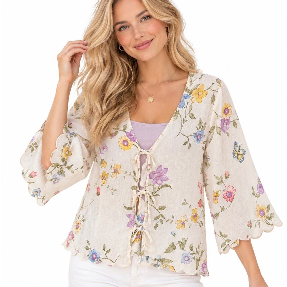 Laura Ashley Tie Front Top Womens Large Floral Butterfly Linen Cottage Blouse